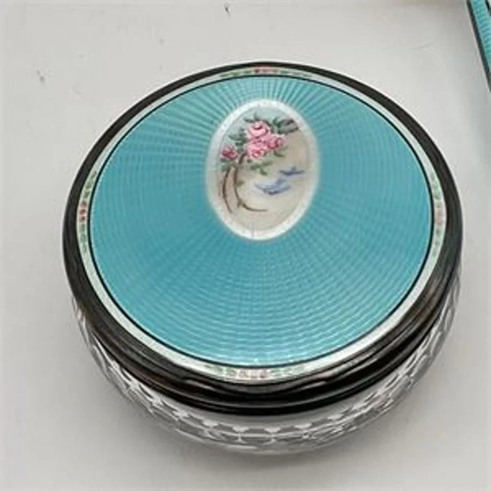 Foster & Bailey 1923 Guilloché Enamel & Sterling Silver Hair Brush & Crystal Jar